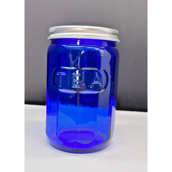 Hoosier Cabinet Style Cobalt Blue Glass Embossed TEA Jar With Metal Screw Lid - Picture 12 of 13
